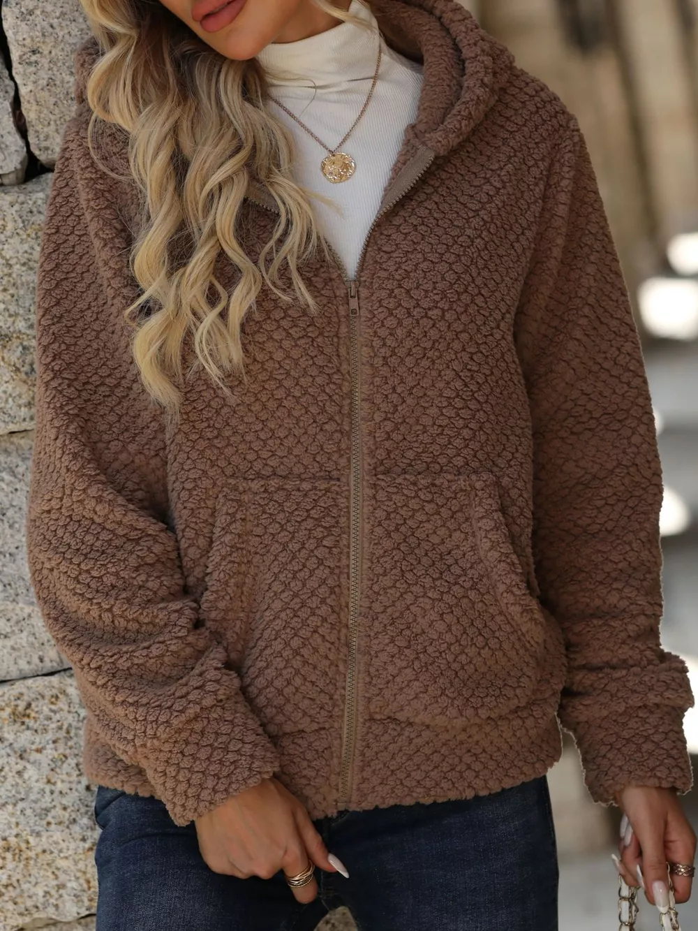 Textured Knit Zip-Up Hooded Outerwear, image 7