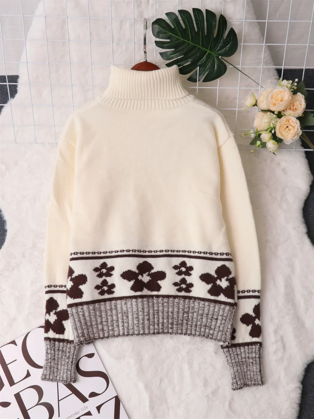 Flower Zip Collar Long Sleeve Sweater, image 10