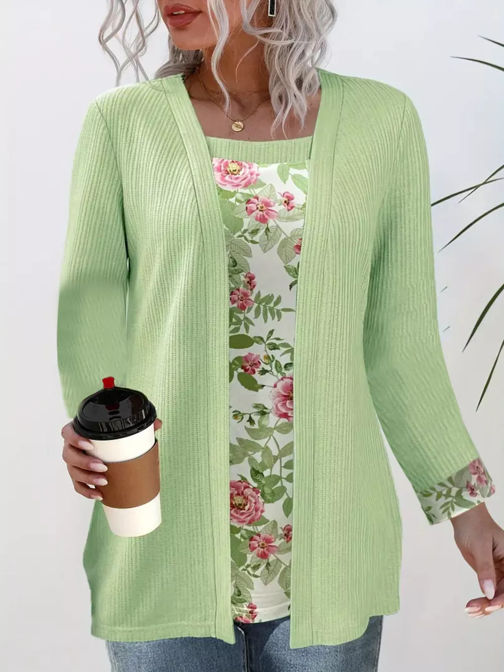 Floral Print Casual Fake Two Piece Top, image 4