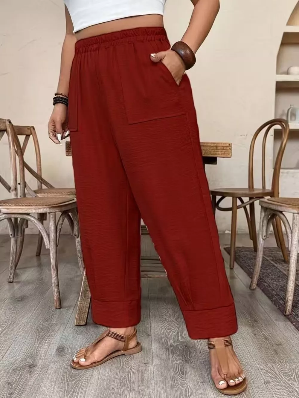 Plus Size High-Waisted Elastic Waist Pants with Pockets, image 17