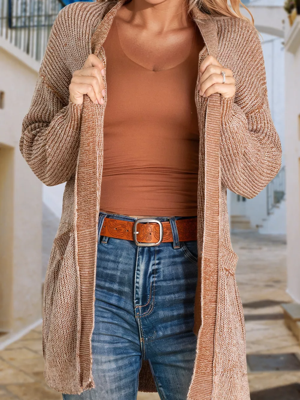 Open Front Dropped Shoulder Cardigan with Pockets, image 3