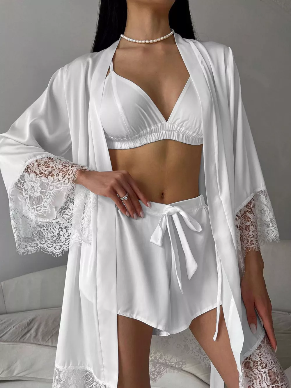 Cami & Lace Trim Cardigan & Shorts Lounge Set, image 4