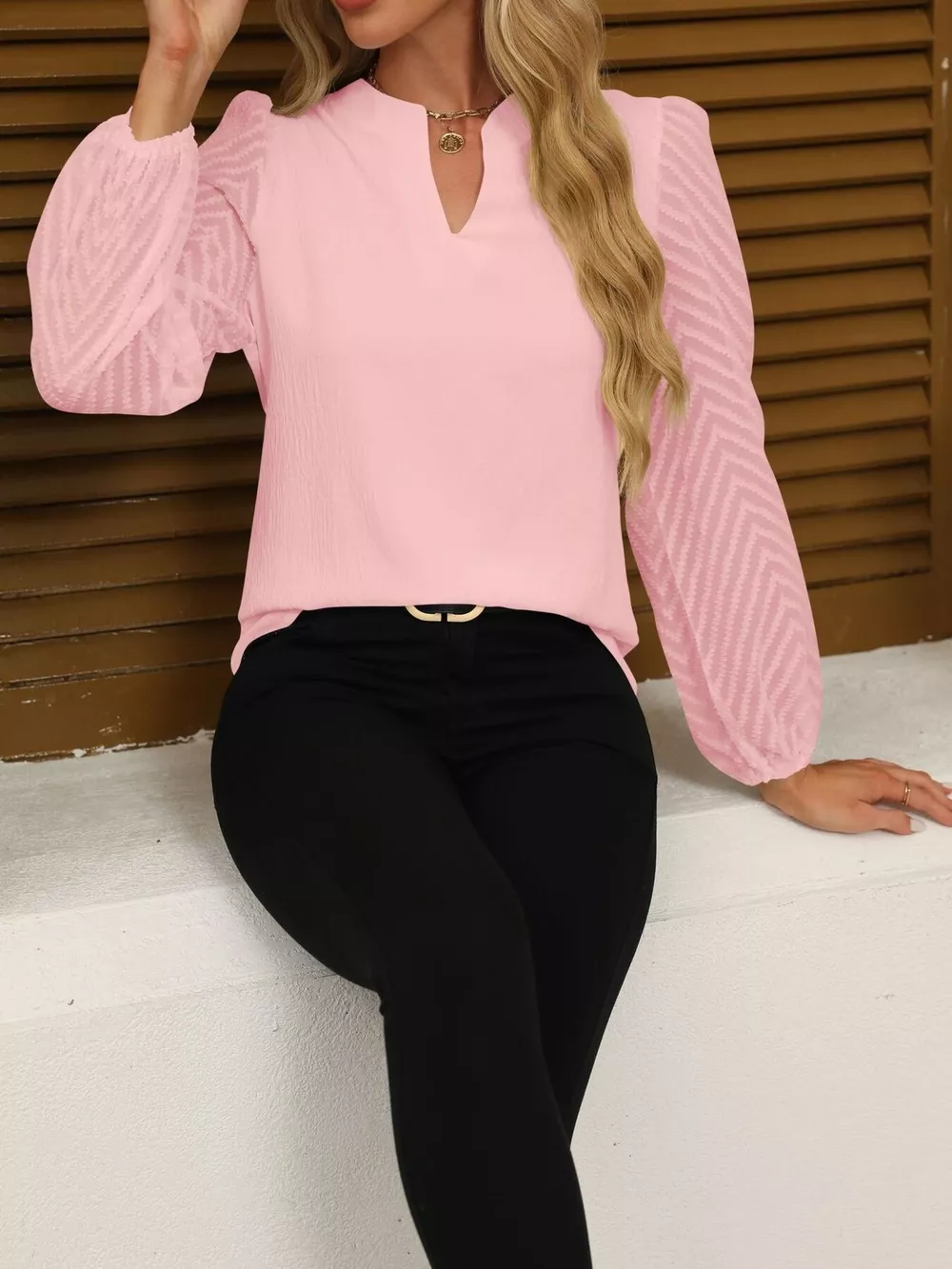 Notched Balloon Sleeve Blouse, image 27