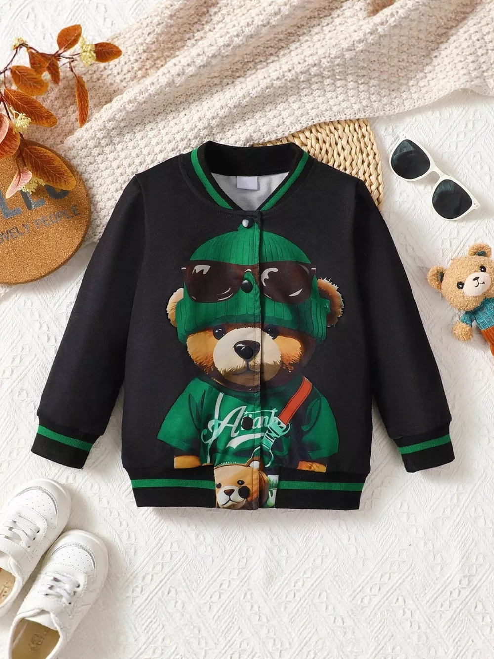 Children's Cartoon Bear Graphic Baseball Jacket