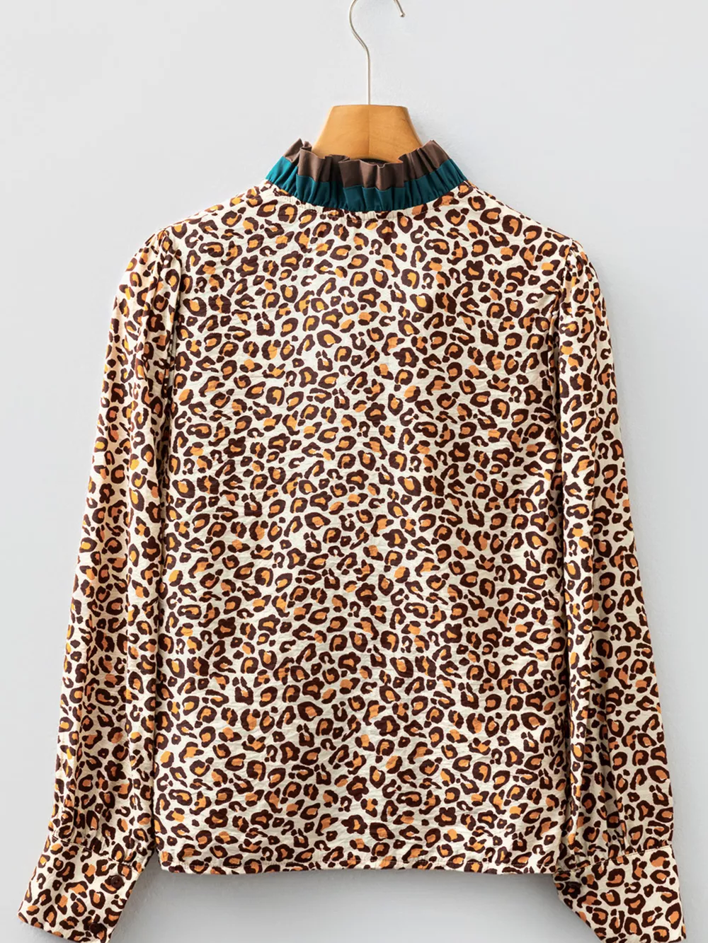 Leopard Print Contrast Frilled Trim Button Down V Neck Shirt, image 3
