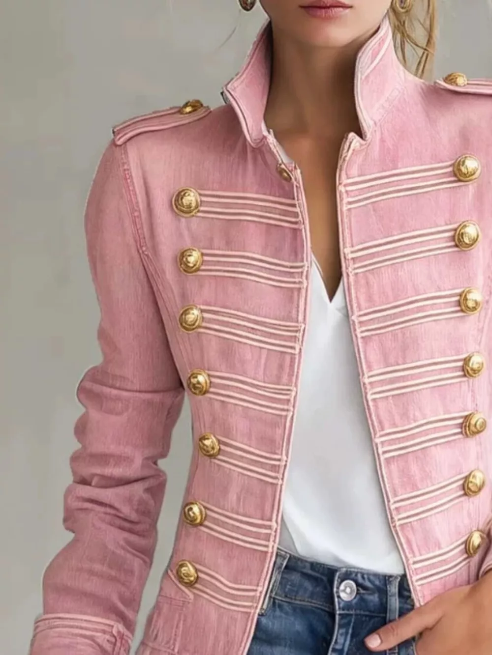 Military-Inspired Denim Jacket with Gold Button Detailing, image 5