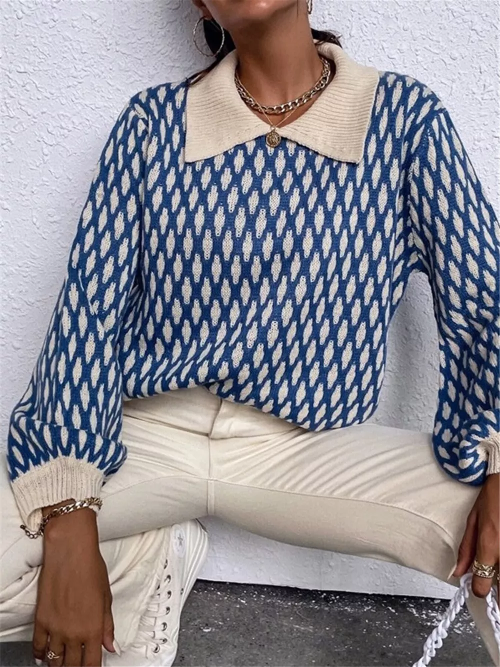 Diamond Pattern Peter Pan Collar Sweater, image 4