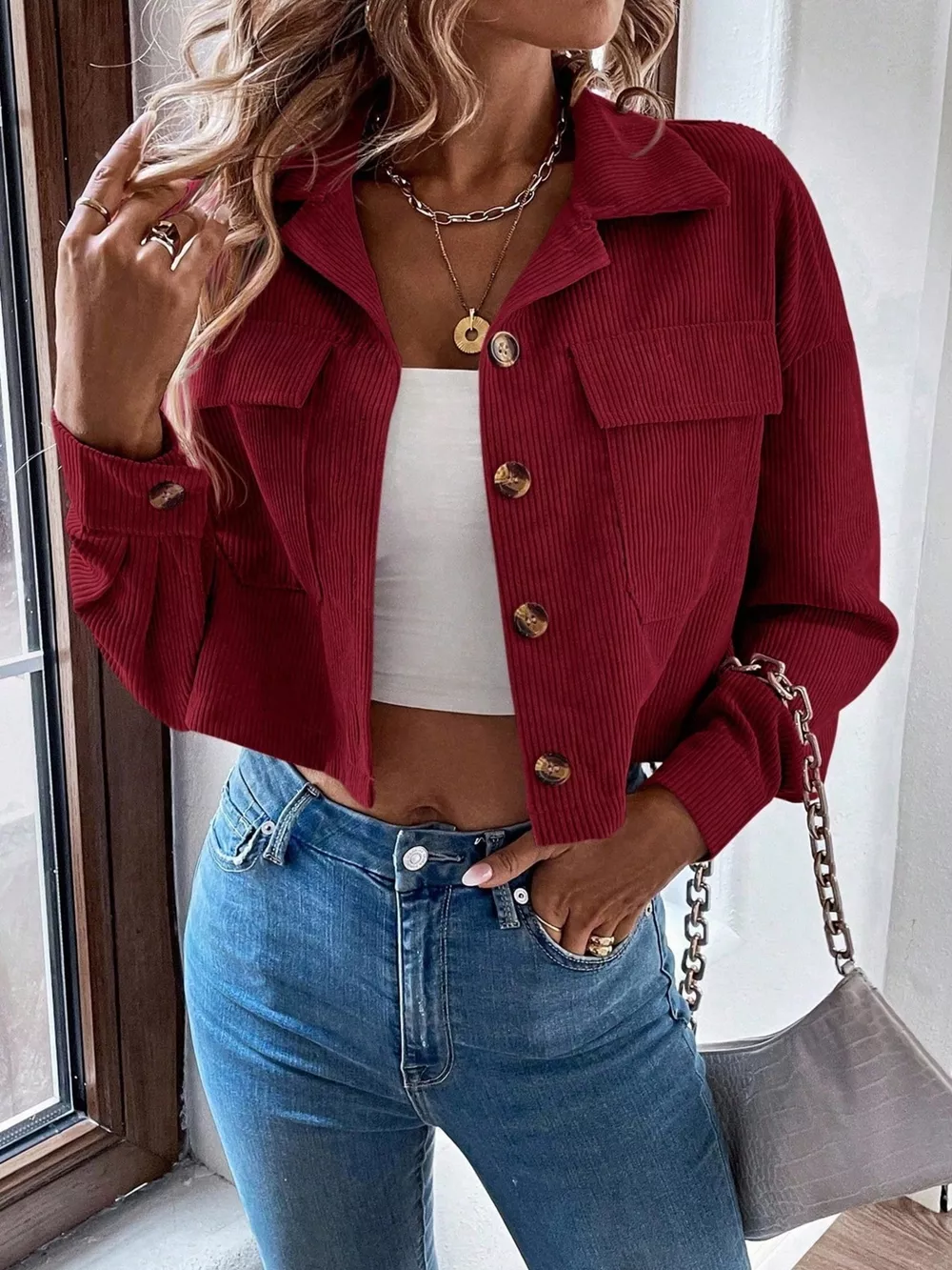 Cropped Corduroy Button-Down Jacket, image 15