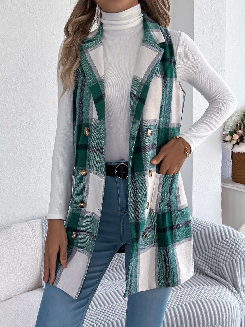 Plaid Double-Breasted Vest Coat