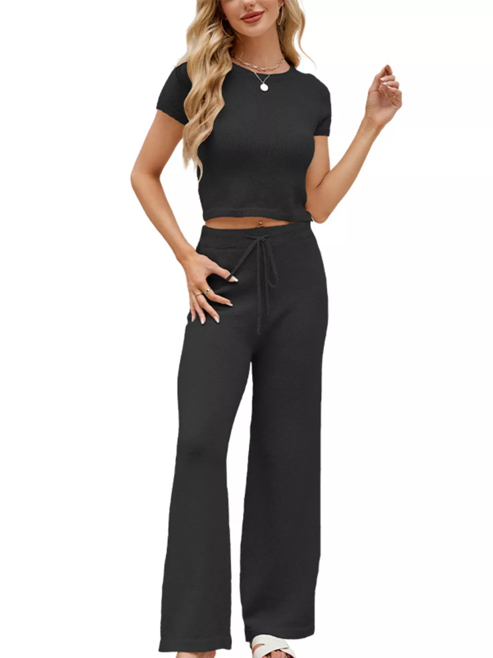 Solid Color Knit Short Sleeve Top and Wide Leg Pants Set, image 5