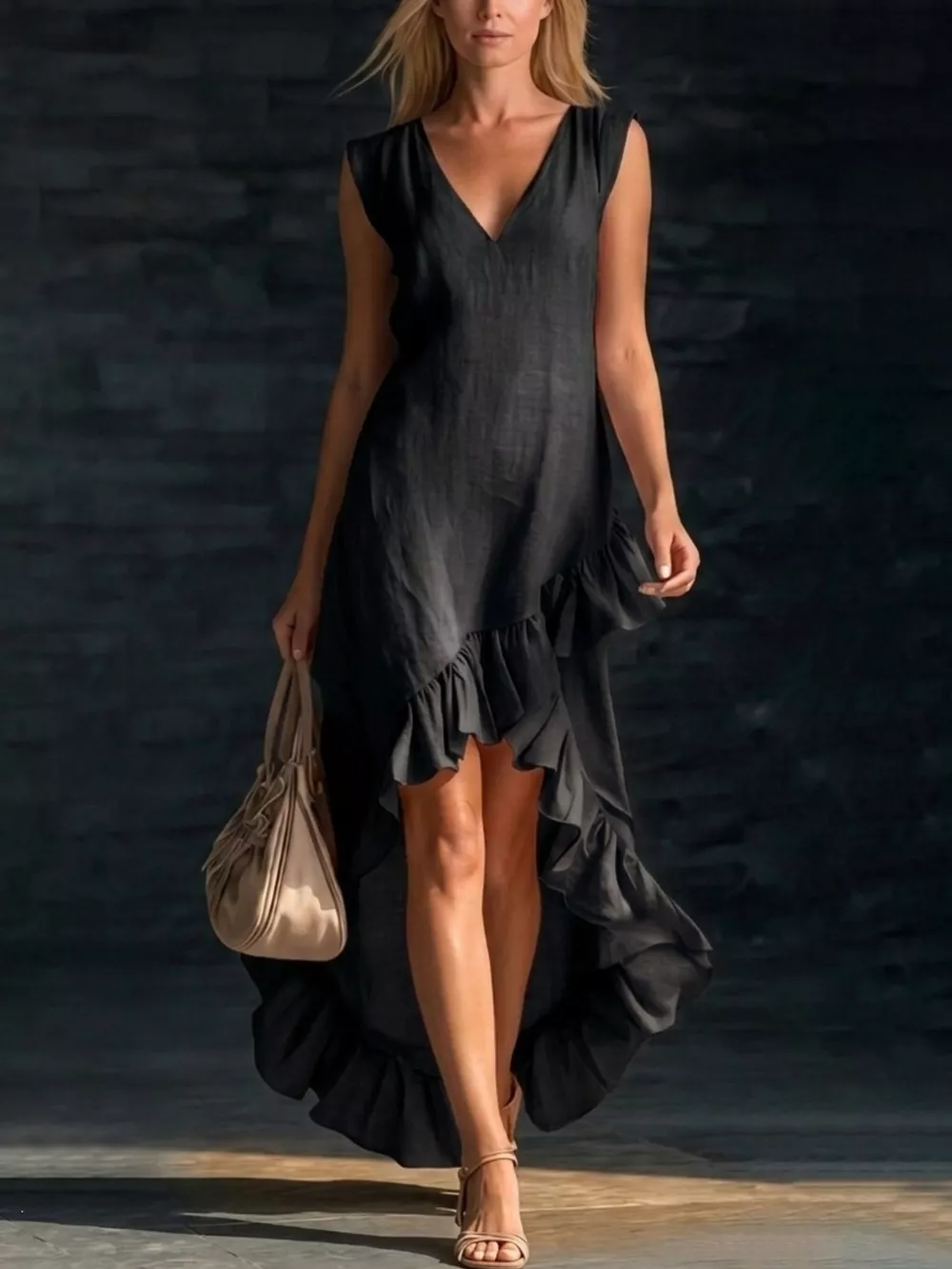 Full Size Ruffled Asymmetrical Hem V-Neck Sleeveless Dress Plus Size, image 4