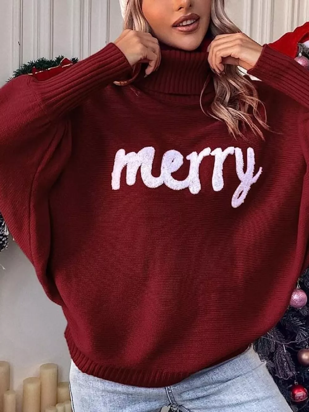 Merry Turtleneck Long Sleeve Christmas Sweater, image 3