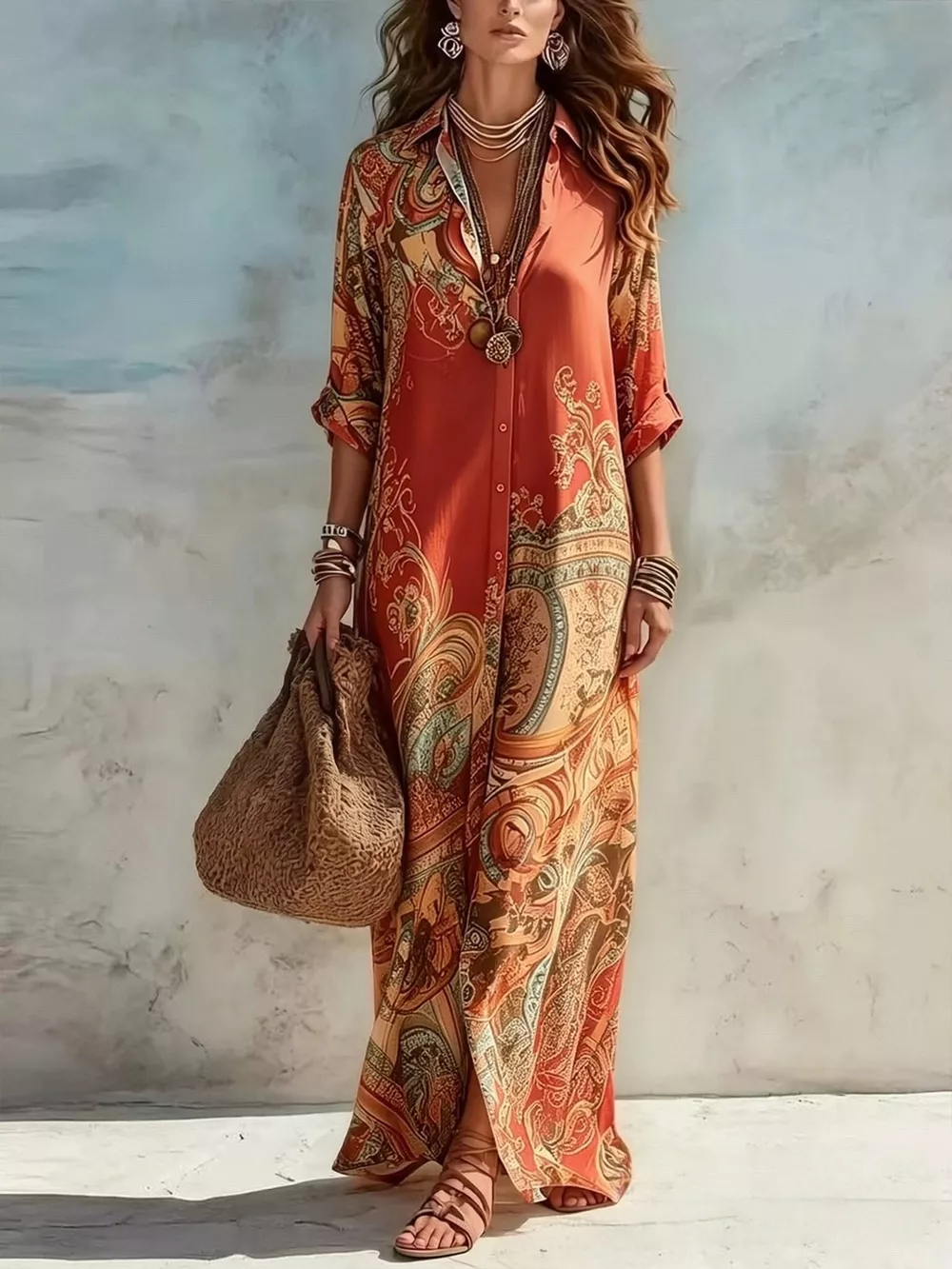Full Size Printed Button Down Roll-Up Sleeve Shirt Maxi Dress Plus Size, image 8