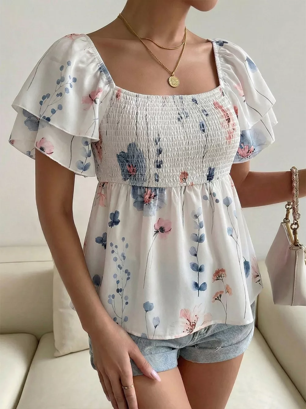 Smocked Square Neck Flutter Sleeve Blouse, image 2