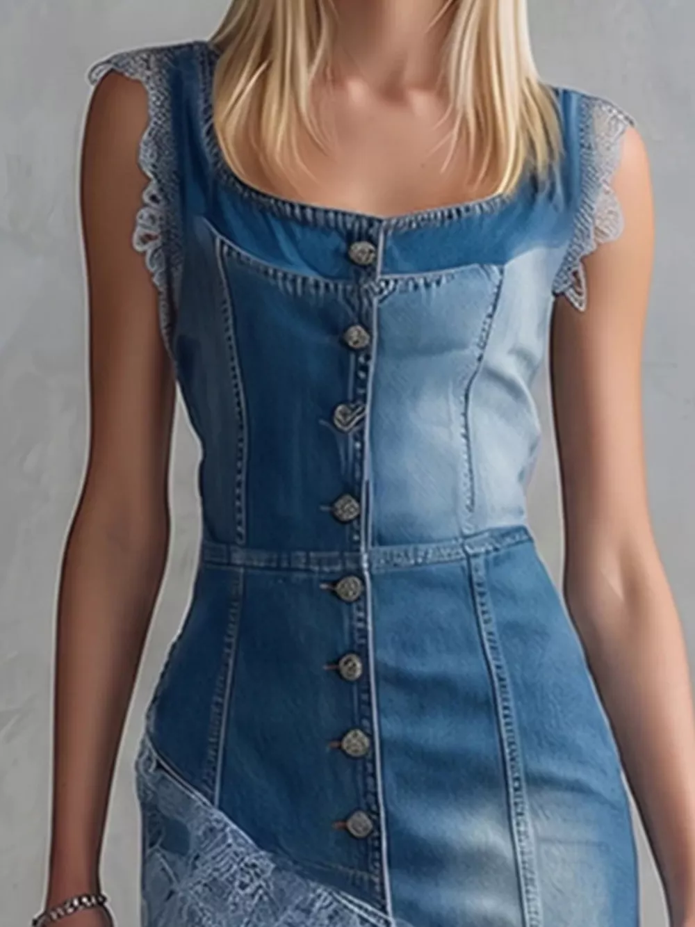 Sleeveless Patchwork Denim Dress with Asymmetric Lace Hem, image 2