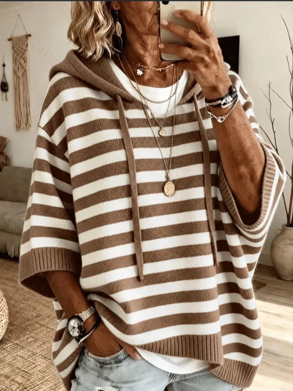 Casual Striped Hooded Knit Sweater, image 3