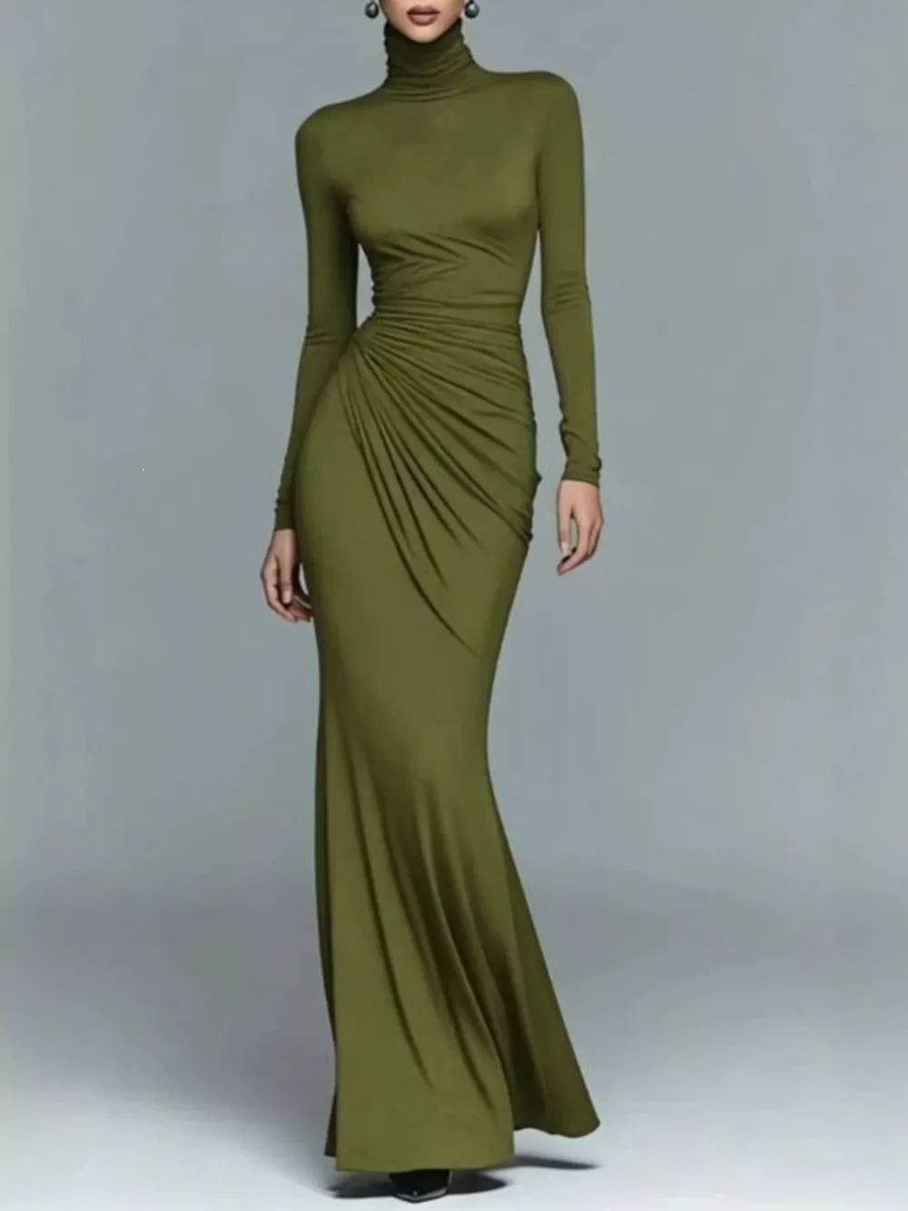 Turtleneck Long-Sleeve Ruched Maxi Dress, image 7