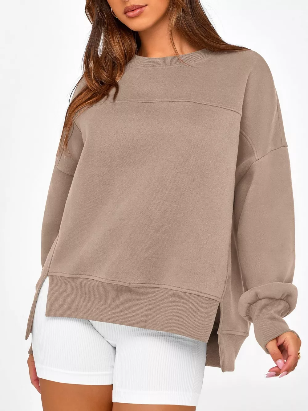 Slit Round Neck Dropped Shoulder Sweatshirt, image 26