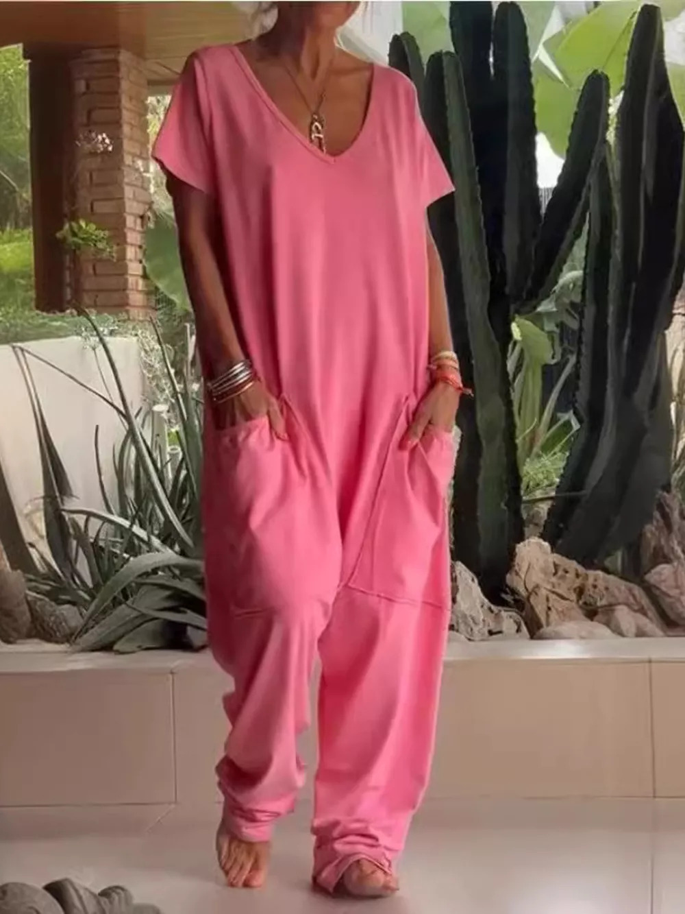 Full Size Loose Fit V-Neck Short Sleeve Wide Leg Jumpsuit Plus Size, image 12