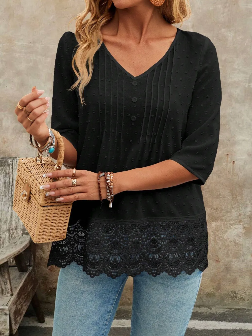 Lace Hem V-Neck Blouse, image 6