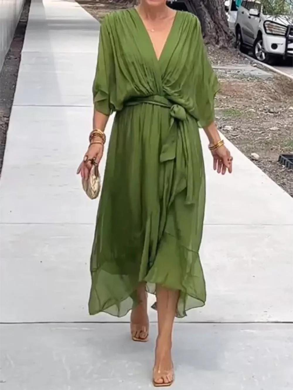 Full Size Chiffon Wrap Dress with Flutter Sleeves Plus Size, image 3