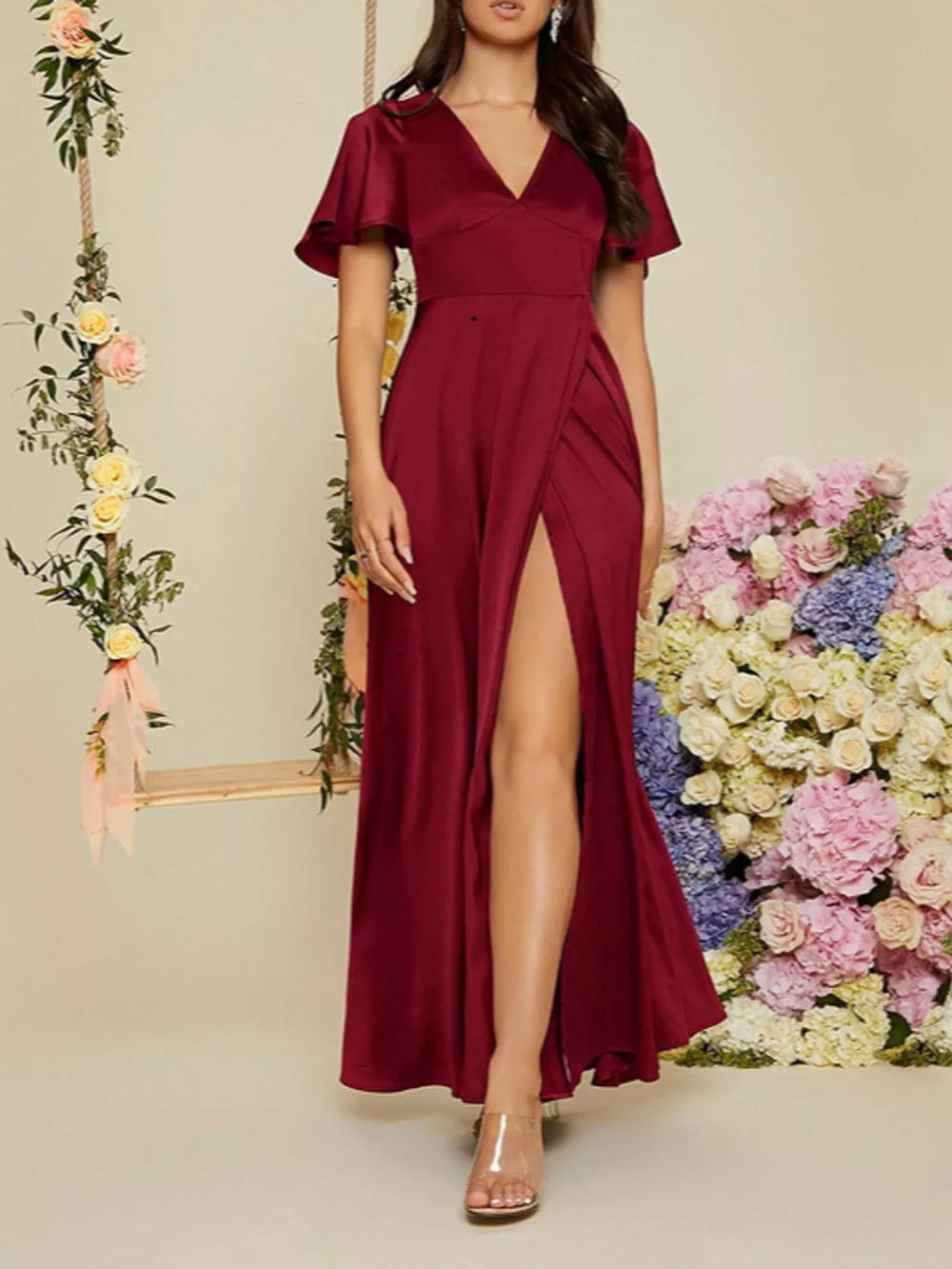 Flutter Sleeve Slit Maxi Dress, image 2