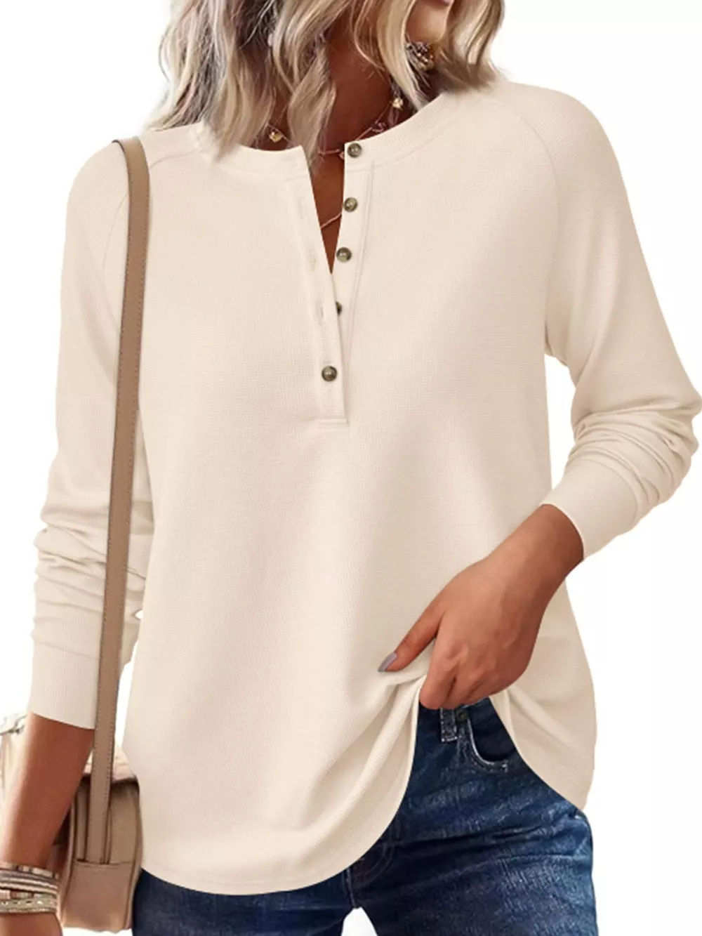 Waffle Knit Henley Long Sleeve T-Shirt, image 10