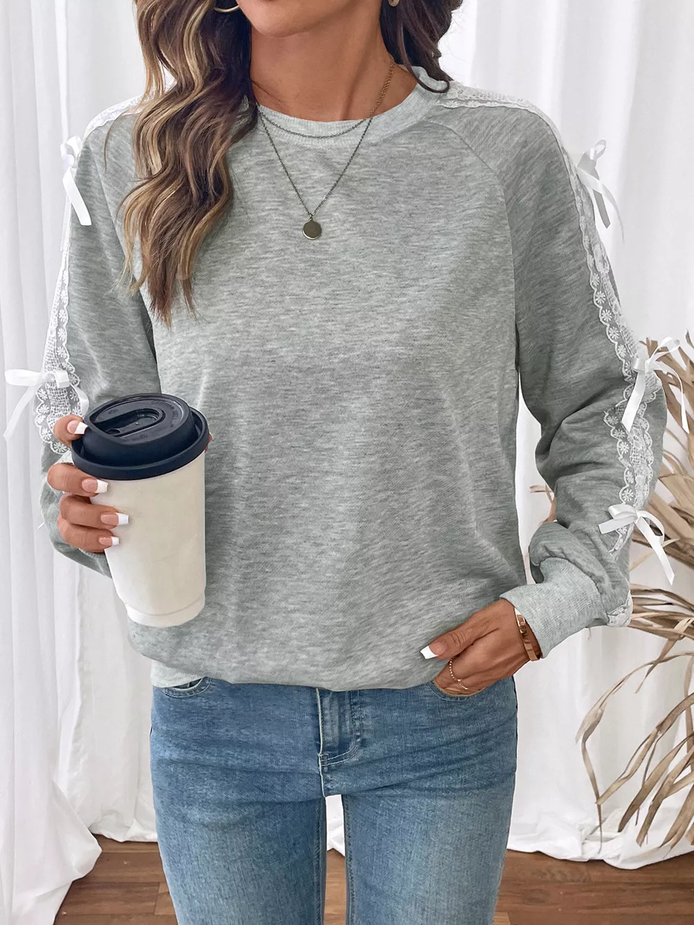 Lace Detail Round Neck Sweatshirt, image 2