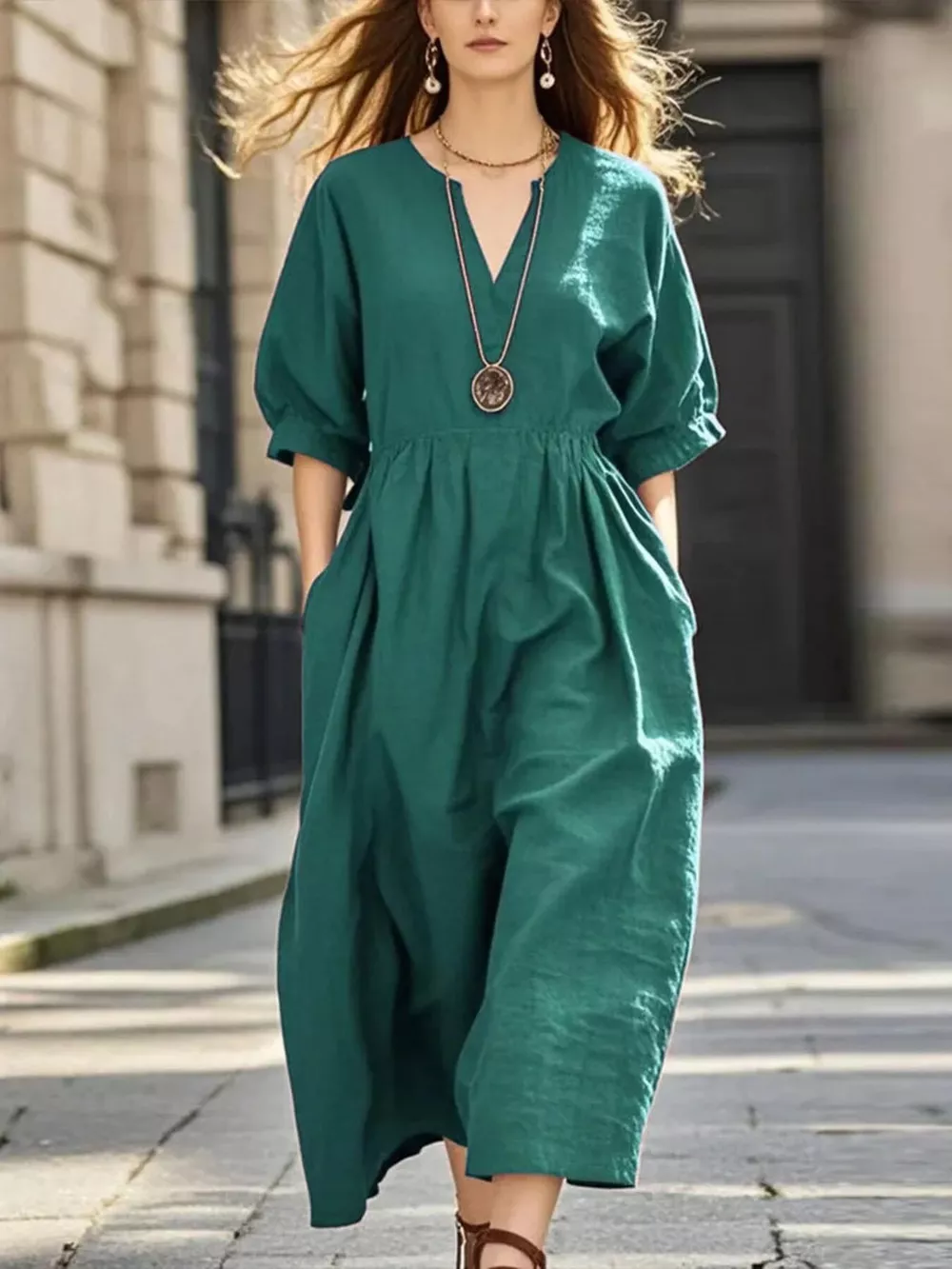 Notched Half Sleeve Midi Dress, image 5