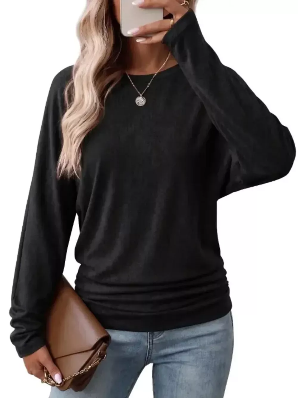 Long Sleeve Crew Neck Casual T-Shirt with Ruched Hem, image 5