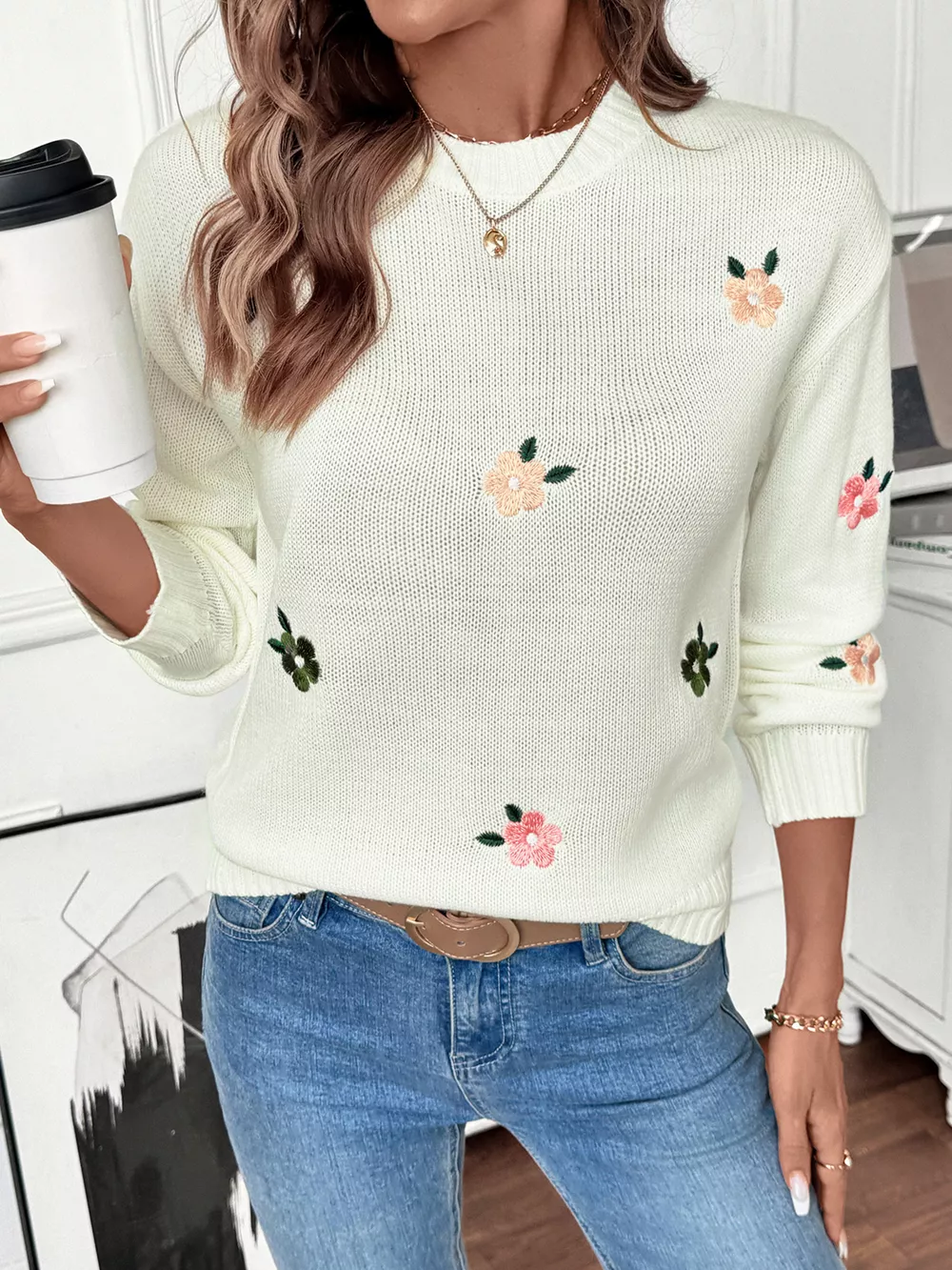 Flower Round Neck Long Sleeve Sweater, image 2