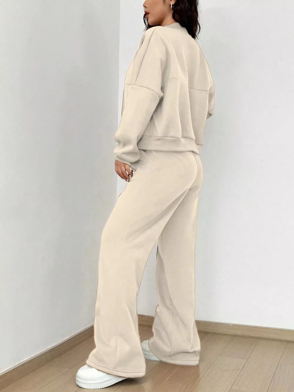 Casual Solid Color Zipper Jacket and Wide Leg Pants Set, image 3
