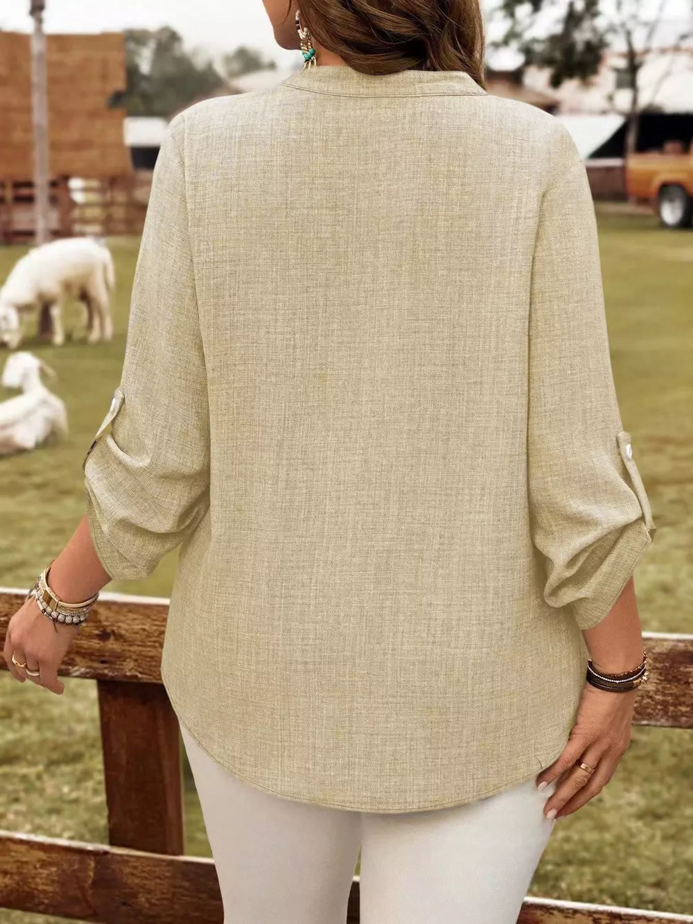 Plus Size Notched Roll-Tab Sleeve Casual Blouse, image 8