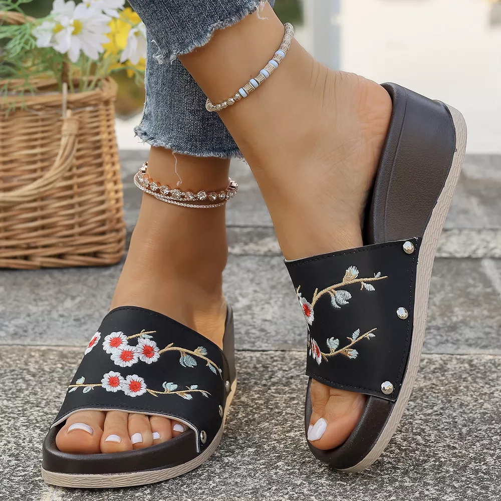 Floral Embroidered Wedge Sandals, image 2