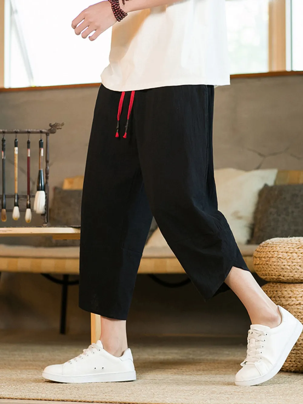 Men's Plus Size Casual Linen Cropped Pants with Drawstring, image 7