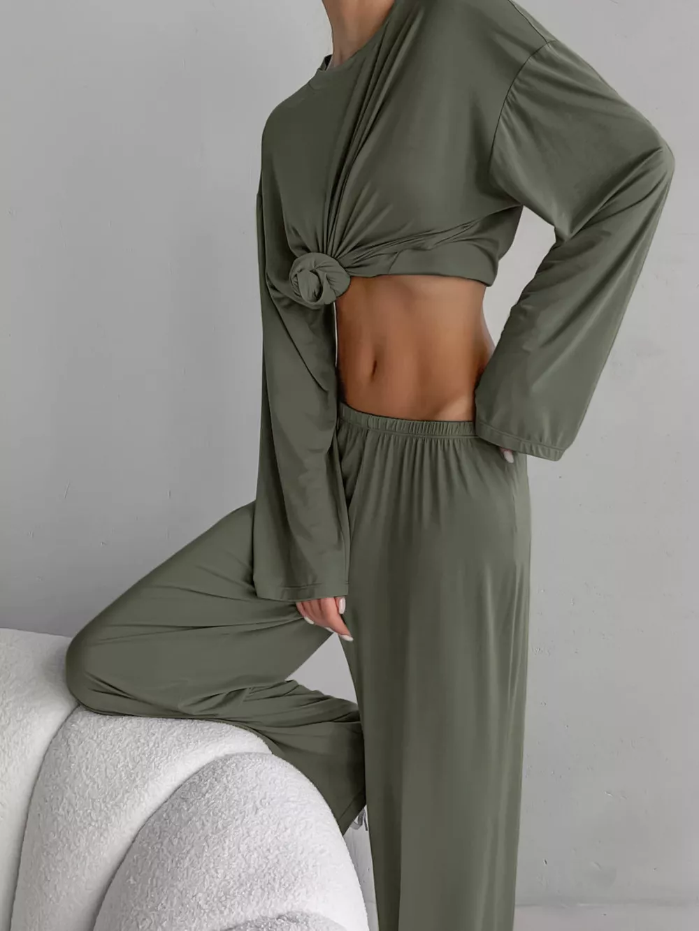 Solid Color Long Sleeve Top and Pants Set, image 8