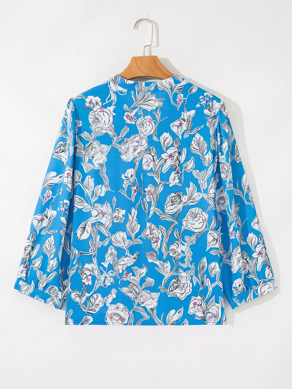 Notched Floral Print 3/4 Puff Sleeve Blouse, image 2