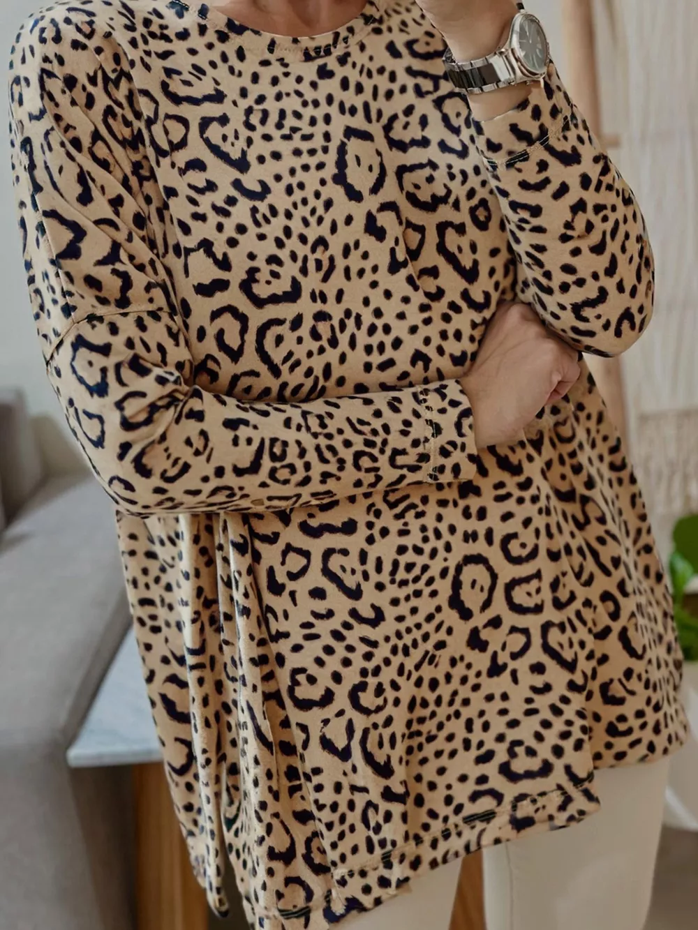 Leopard Round Neck Long Sleeve T-Shirt, image 2