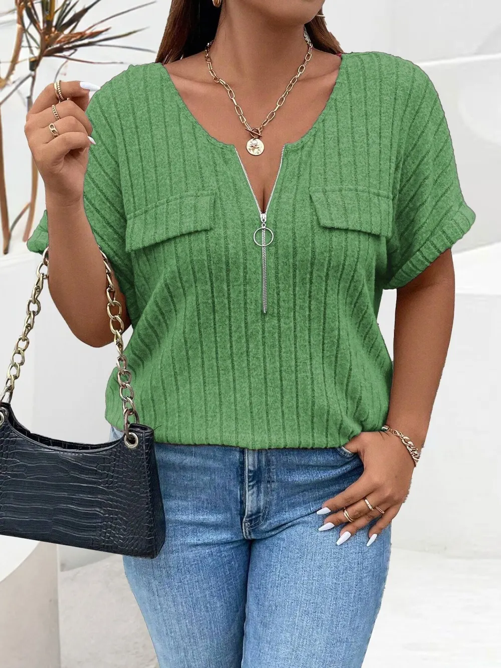 Plus Size Ribbed Half Zip Relaxed Fit T-Shirt, image 4