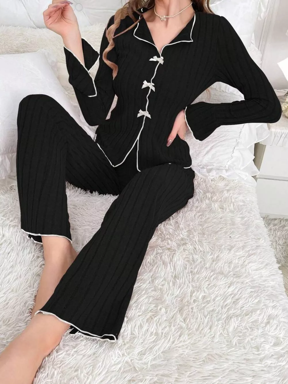 Contrast Bow Detail Top and Pants Lounge Set