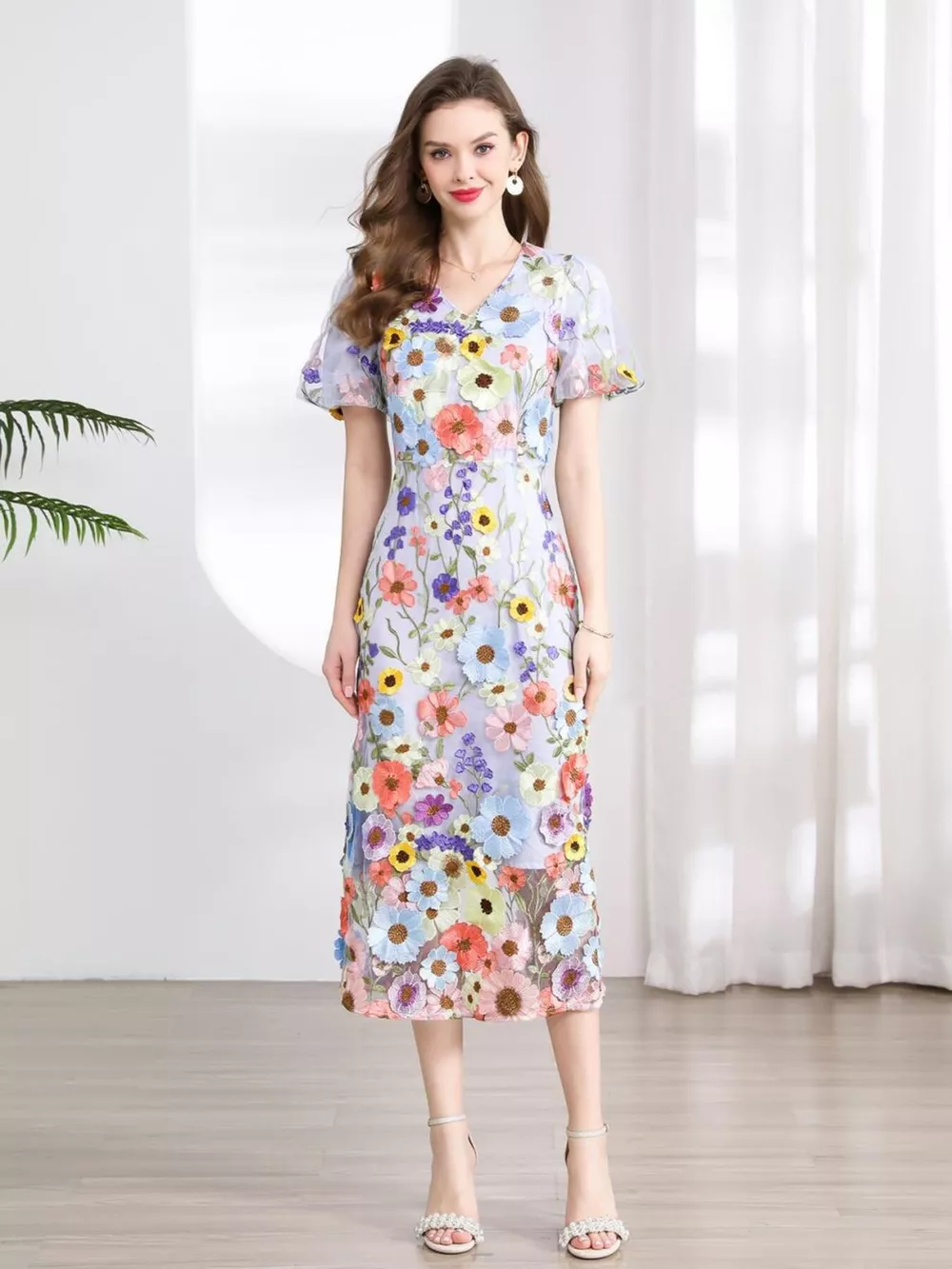 Floral Embroidered Puff Sleeve Midi Dress, image 16