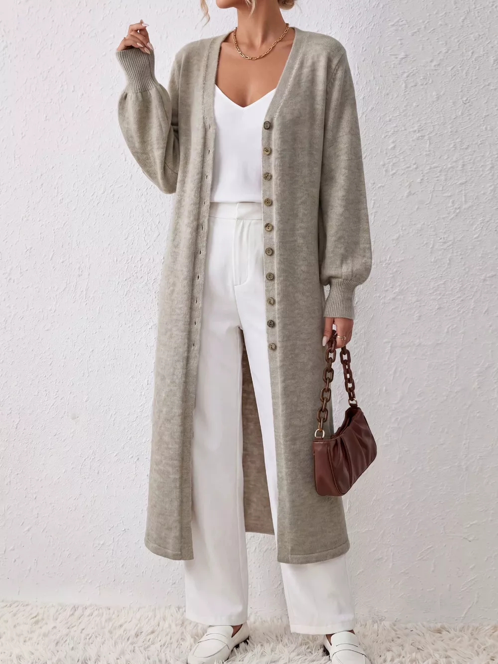Elegant Longline Button-Front Cardigan with Lantern Sleeves