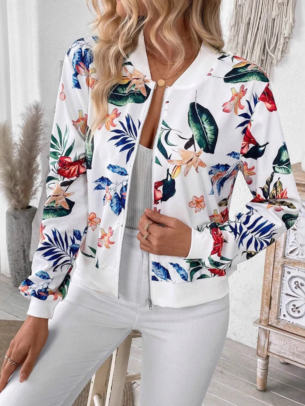 Printed Zip Up Long Sleeve Jacket, image 3