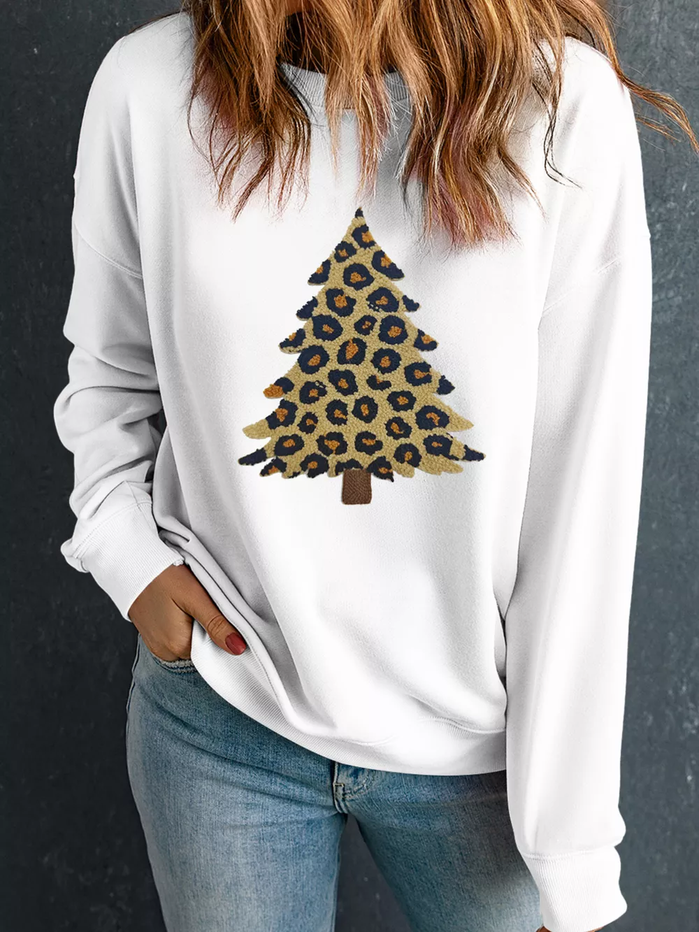 Plush Leopard Tree Patched Drop Shoulder Sweatshirt, image 4