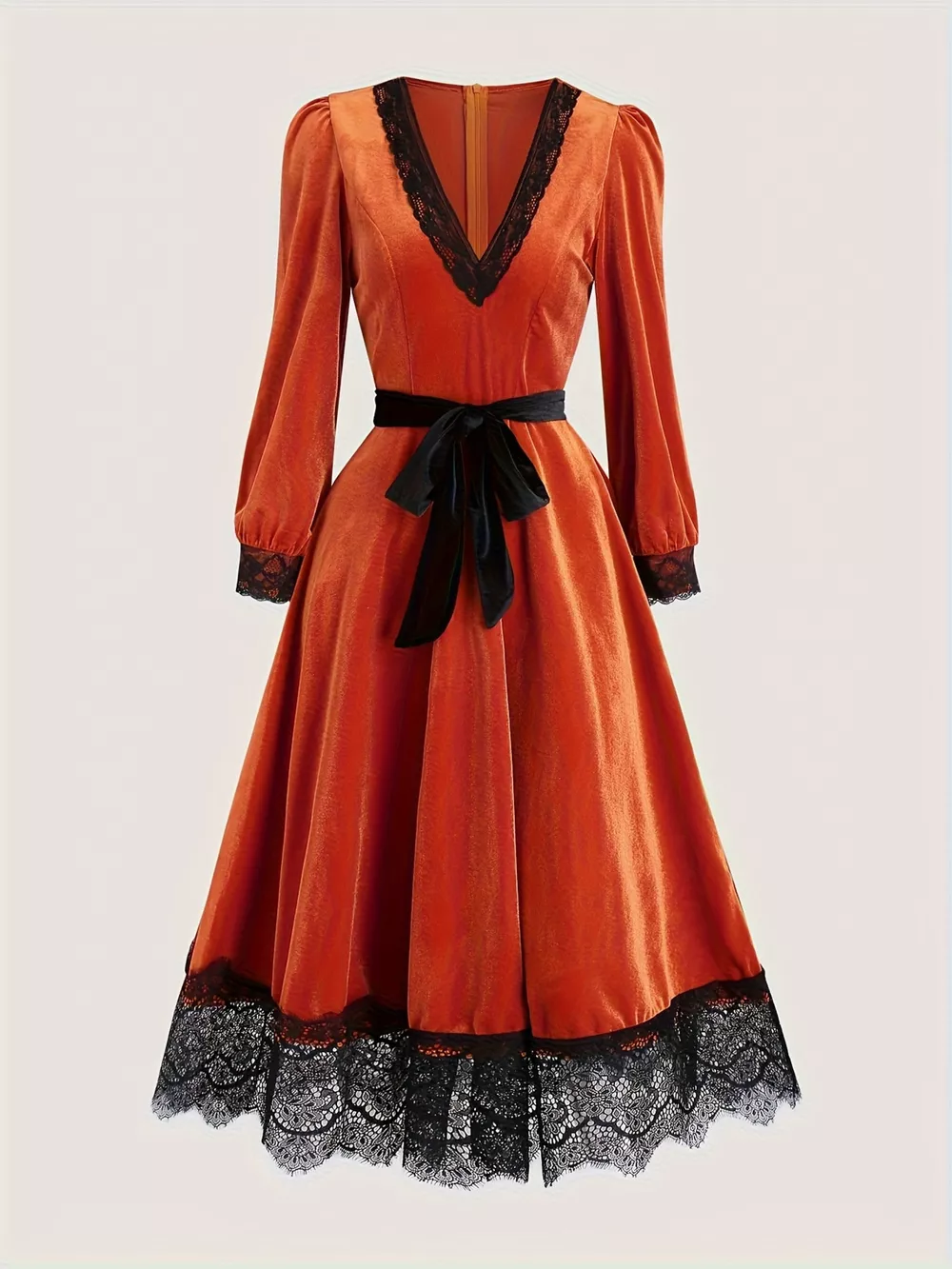 Velvet V-Neck Lace Trim Midi Dress with Waist Tie