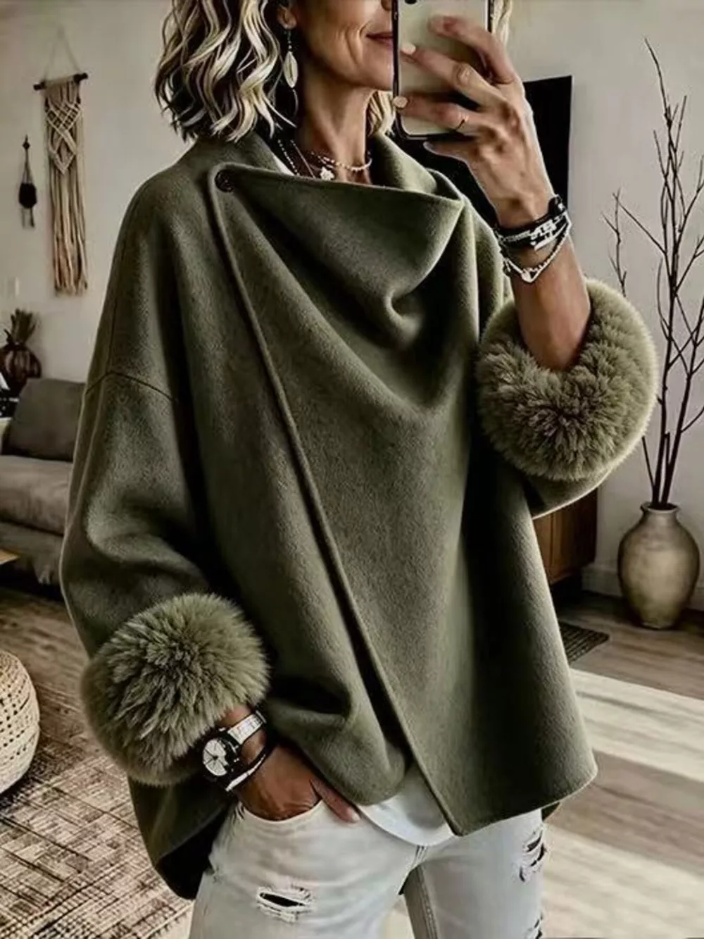 Full Size Elegant Asymmetric Faux Fur Cuff Outerwear Plus Size, image 13