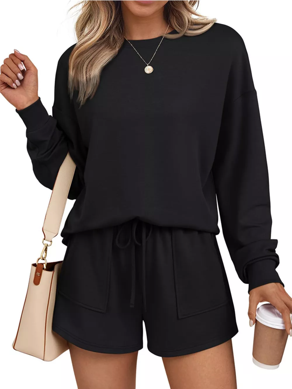 Round Neck Long Sleeve Top and Shorts Set, image 6