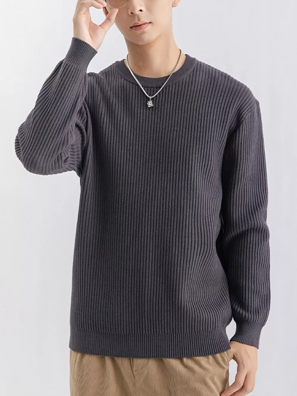 Men's Plus Size Ribbed Knit Crew Neck Sweater, image 7