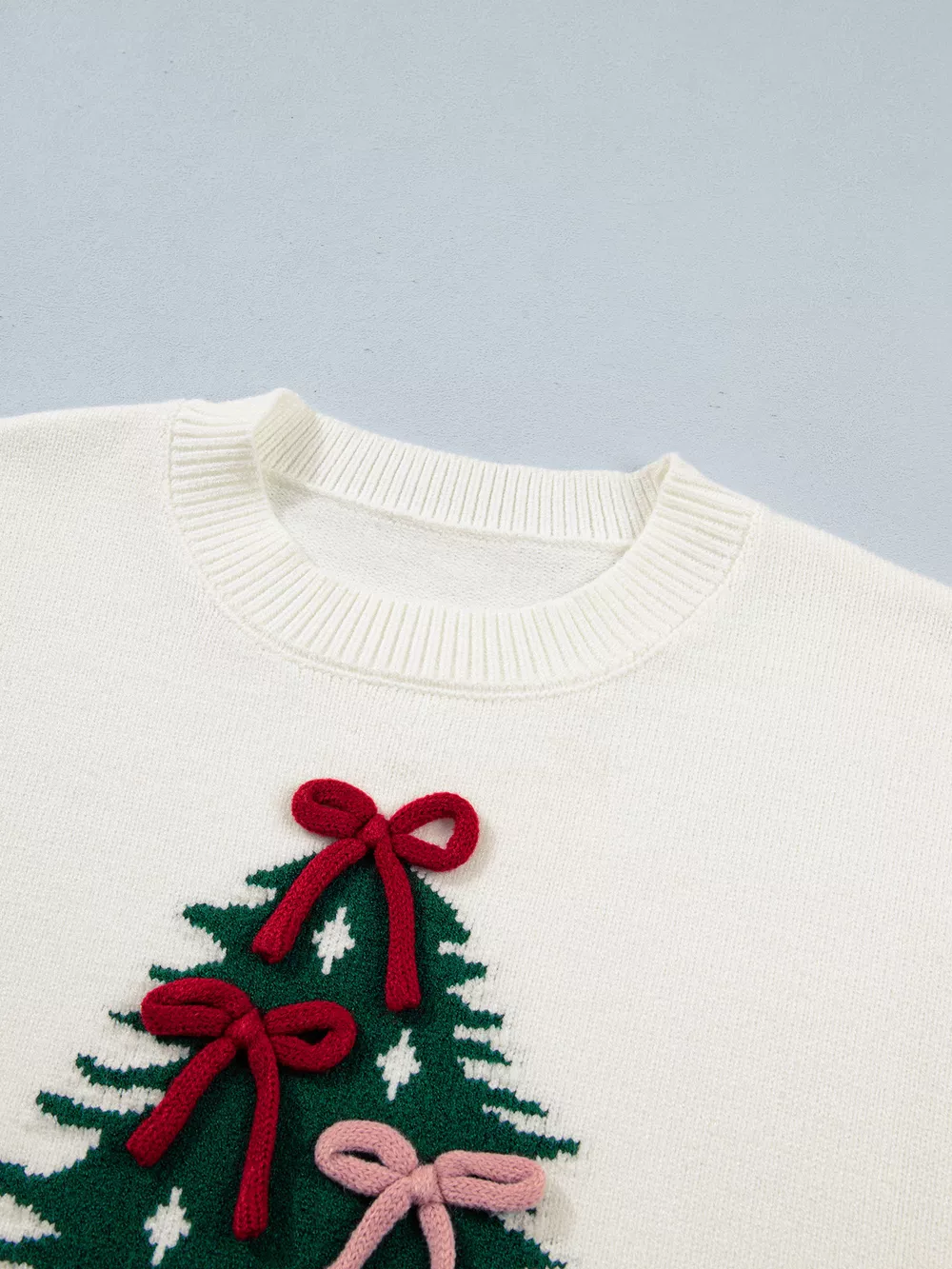 Christmas Tree Bow Drop Shoulder Knit Sweater, image 9
