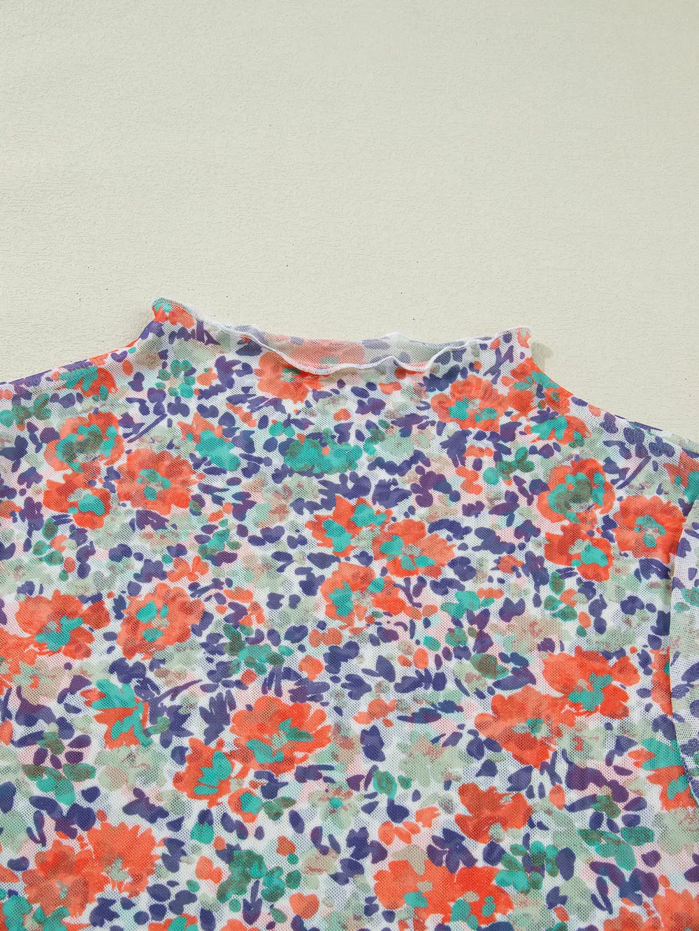 Floral Print Sheer Mesh Long Sleeve Mock Neck Top, image 7